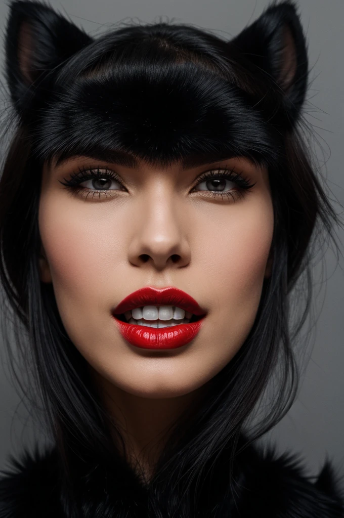 half of the face, natural red lips , half open mouth , black fur 