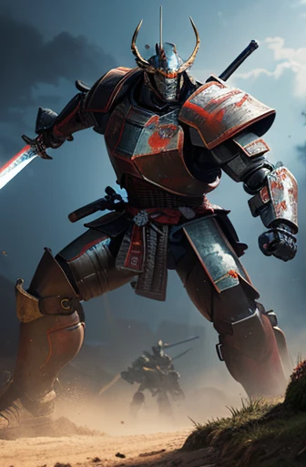Highest quality、8K、Fantasy、detailed、Giant robot full body、Armored Samurai Robot、The heavily armored body was developed as a weapon.、Damaged or dirty、Complex Texture、Solidly constructed and textured body、(Large hand-held weapons、Large Rifle、Big sword)、Samurai helmet-like head、The face is accurately drawn、Battle in the Wilderness、masterpiece
