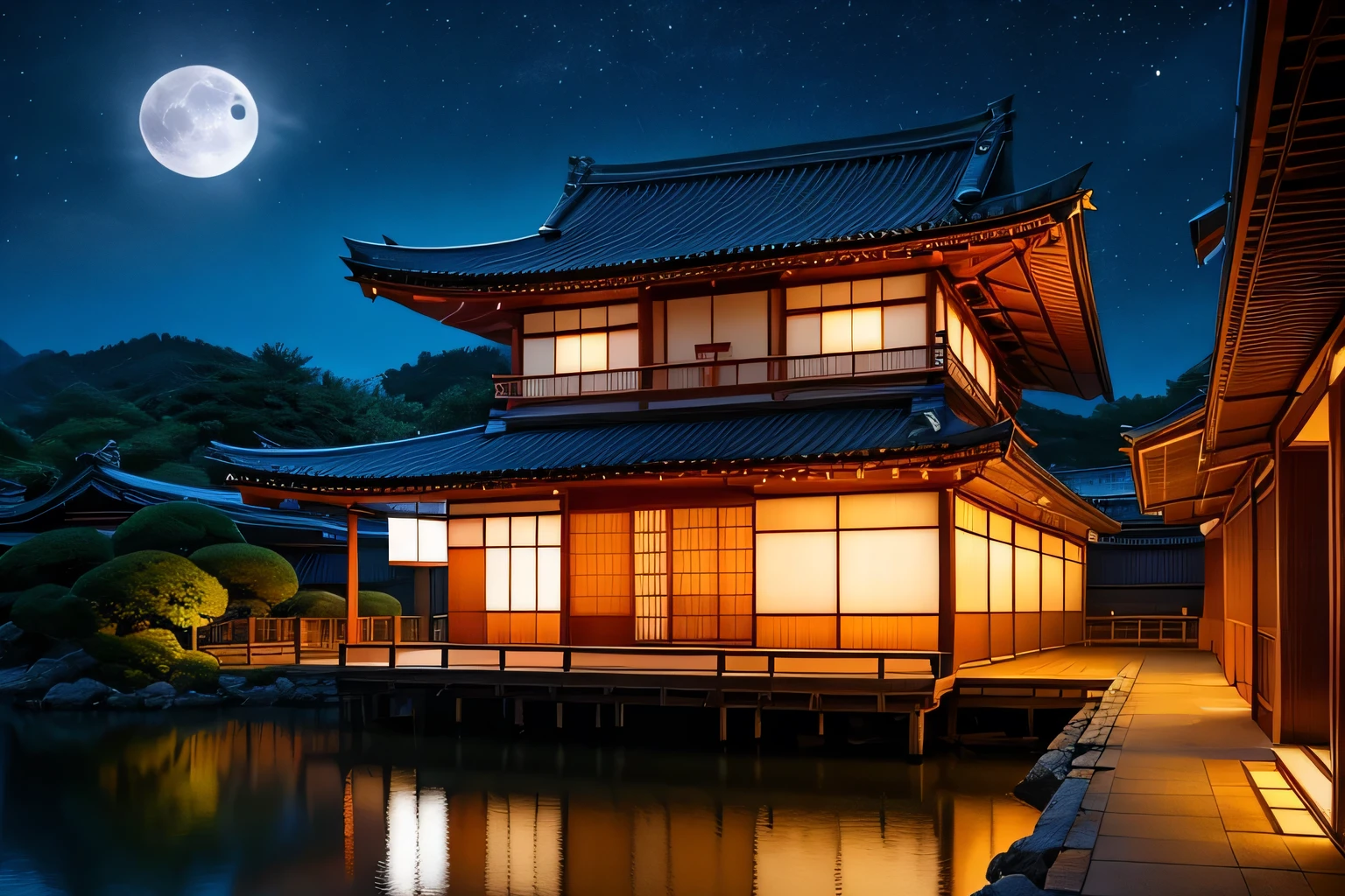 Painting of a Japanese house illuminated by the light of a full moon, Digital painting inspired by Kano Hogai, Trending on Art Station, ukiyo-e, The art of Japan style, The art of Japan, traditional The art of Japan, Japan at Night, The art of Japan art, old The art of Japan, Traditional painting of the Japan, Japanese Landscape, Zen temple background, Moonlit Night