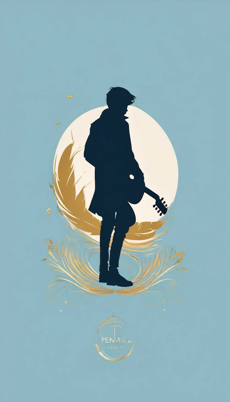 A minimal, modern, simple, cinematic logo design for the brand “Penamemoria". The logo design must be a simple, silhouette of a boy, standing up, playing acoustic guitar and fantasy feather by his side. The logo must convey a sense of music, stories, memories and dreams. Logo design impressed on a book cover. Minimalistic logo. Light blue, white and soft golden as colors for the logo design