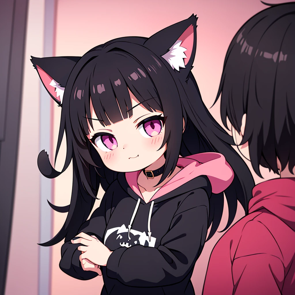cute cat girl, cat ears, black hair, pink eyes, smug, black hoodie, only head in frame, straight bangs, medium length hair, 1 girl