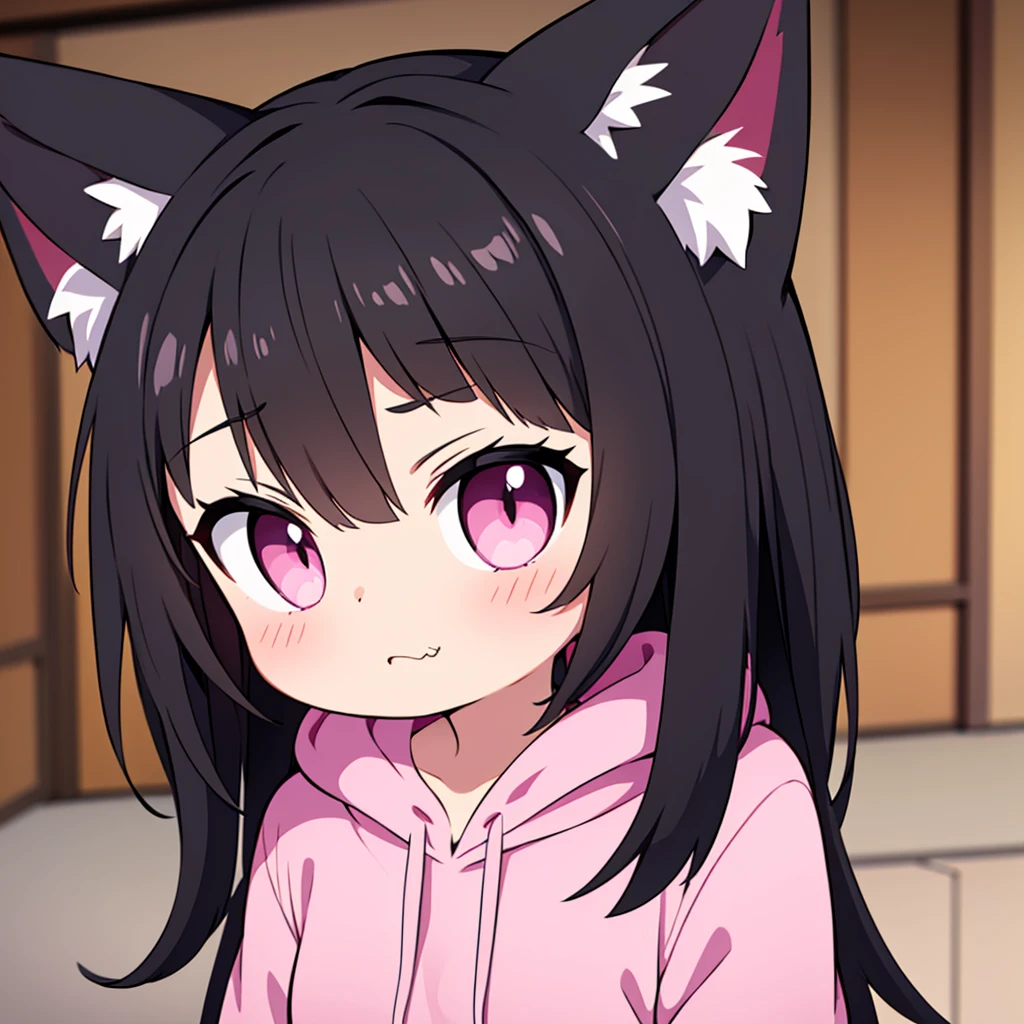 cute cat girl, cat ears, black hair, pink eyes, smug, black hoodie, only head in frame, straight bangs, medium length hair, 1 girl