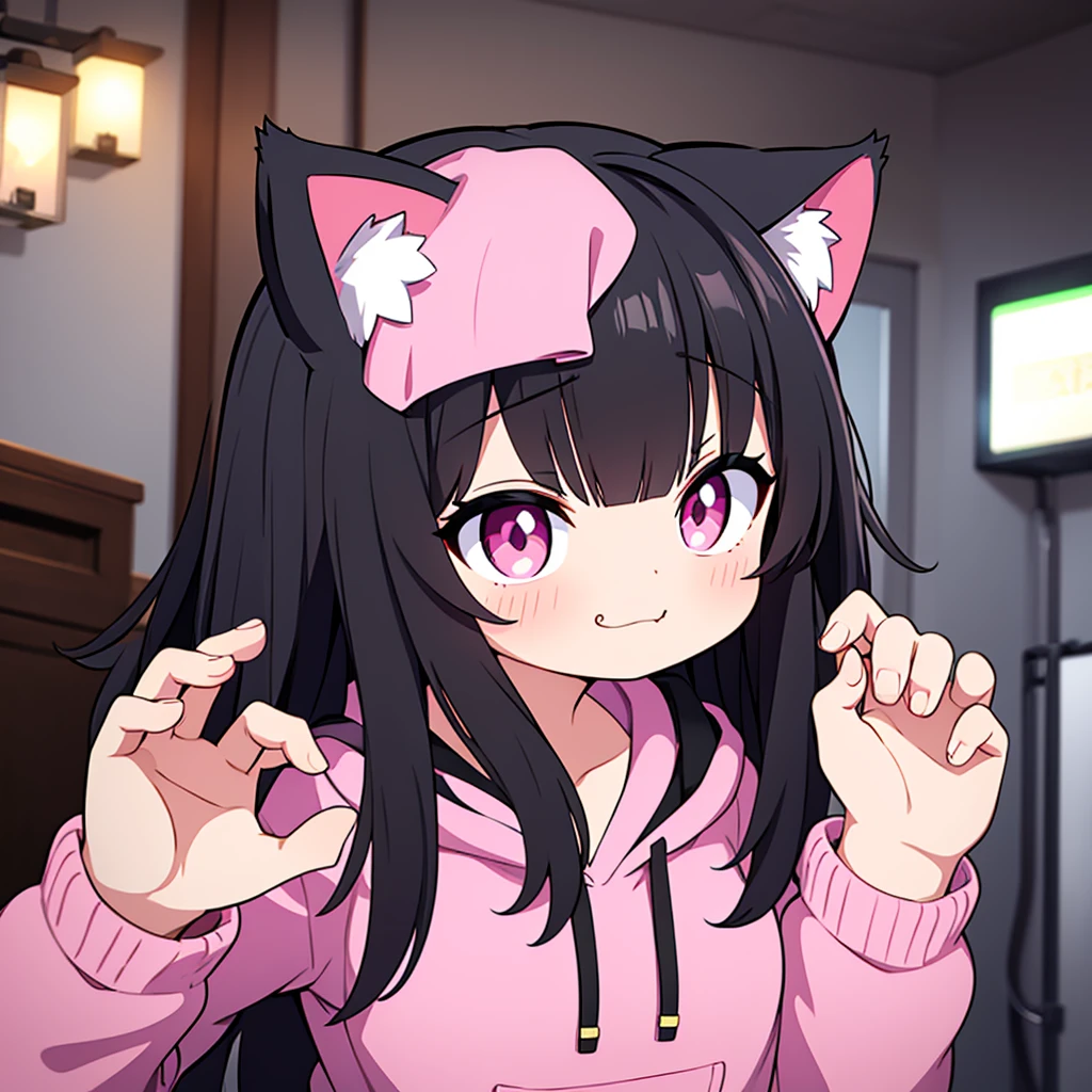 cute cat girl, cat ears, black hair, pink eyes, smug, black hoodie, only head in frame, straight bangs, medium length hair, 1 girl