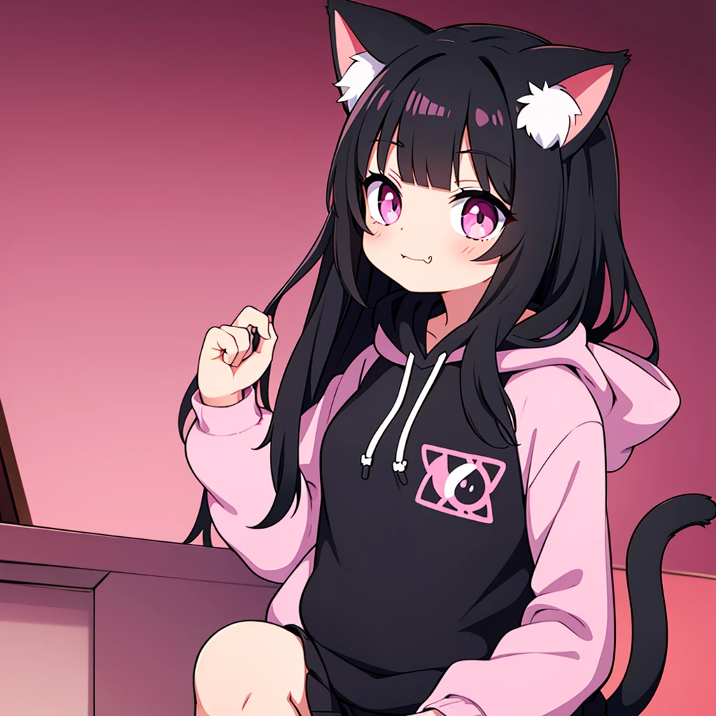 cute cat girl, cat ears, black hair, pink eyes, smug, black hoodie, only head in frame, straight bangs, medium length hair, 1 girl