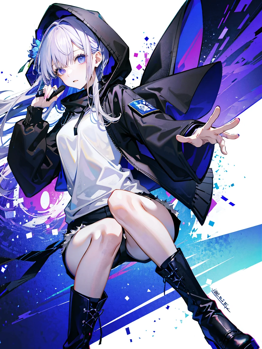 (Fine and beautiful eyes)、long hair,Long, blue-gray hair,Two moles,Mole under the eye,Beautiful purple eyes,Detailed eyes,Detailed face,Large breasts,Black Hoodie、Thin legs,Long black boots、High resolution eyes、Jewel-like eyes、Straight Hair、Minimally revealing clothing、Short, oversized black shorts、Shorts that cover the knees,Extreme Detail、High resolution、Shining Eyes