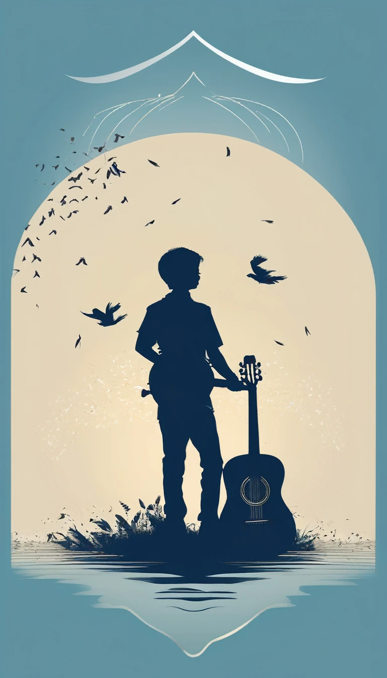 A minimal, modern, simple, cinematic logo design for the brand “Penamemoria". The logo design must be a simple, silhouette of a boy, standing up, playing acoustic guitar and fantasy feather by his side. The logo must convey a sense of music, stories, memories and dreams. Logo design impressed on a book cover. Minimalistic logo. Light blue, soft white and light golden as colors for the logo design