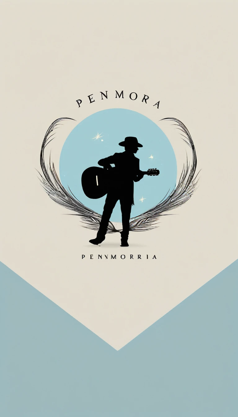 A minimal, modern, simple, cinematic logo design for the brand “Penamemoria". The logo design must be a simple, silhouette of a boy, standing up, playing acoustic guitar and fantasy feather by his side. The logo must convey a sense of music, stories, memories and dreams. Logo design impressed on a book cover. Minimalistic logo. Light blue, soft white and light golden as colors for the logo design