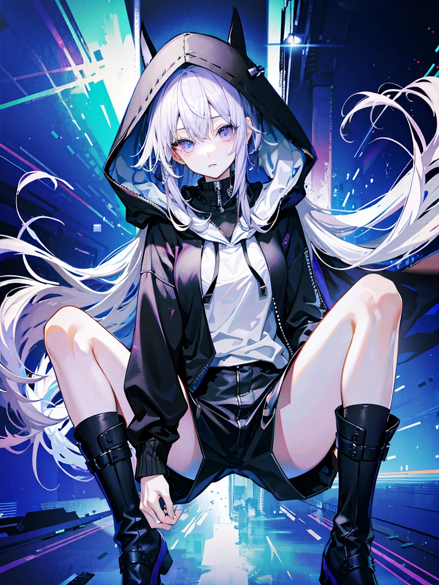 (Fine and beautiful eyes)、long hair,Long, blue-gray hair,Two moleole under the eye,Beautiful purple eyes,Detailed eyes,Detailed face,Large breasts,Black Hoodie、A hoodie that covers your chest、Thin legs,Long black boots、High resolution eyes、Jewel-like eyes、Straight Hair、Minimally revealing clothing、Short, oversized black shorts、Shorts that cover the knees,Extreme Detail、High resolution、Shining Eyes