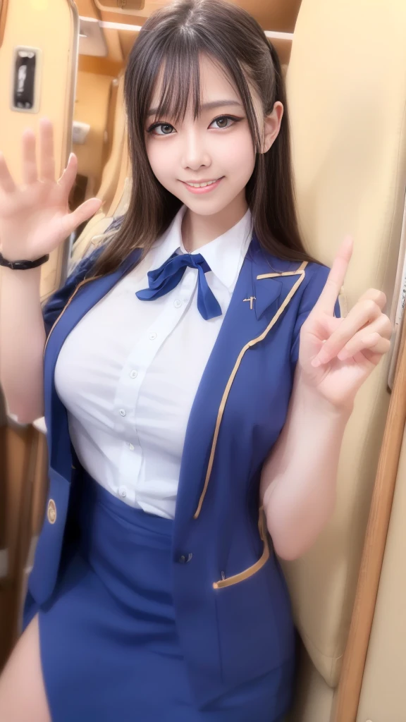 Photorealistic, highest quality, Highest quality, masterpiece, Ultra-high resolution, Raw photo, Realistic, Bright lighting, (smile:1.3), ((Cabin-attendant uniform:1.4)), Face Light, Smooth Professional Lighting, Looking at the camera, alone, Adult women, Beautiful woman, Super Beauty, Realistic skin, Moisturized Skin, Realistic eyes and faces, Perfect model body shape, Beautiful Eyes, Big eyes, Inconspicuous tear bags, slim, Medium sized breasts, Beautiful fingers, Very long hair, (blue Hair:1.2), blue eyes, seems to be happy,