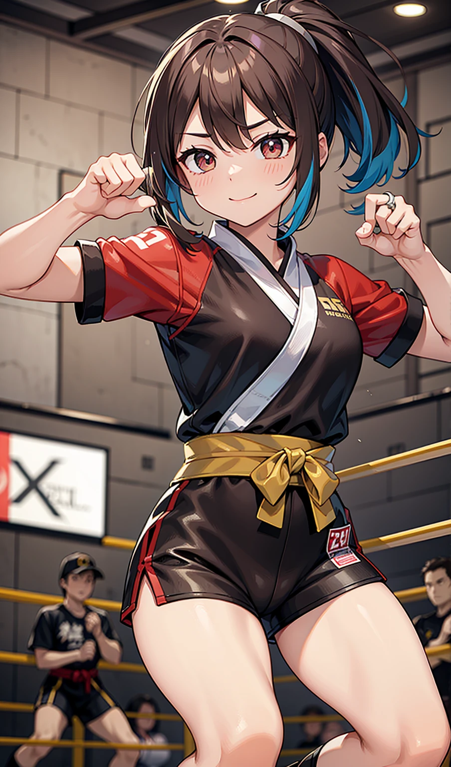 Human Woman。smile、Underground Fighting Arena、Martial Arts Ring、Dark brown ponytail、Fighter、Uplifting、Shorts、Colorful fighting costume、Fighting Pose