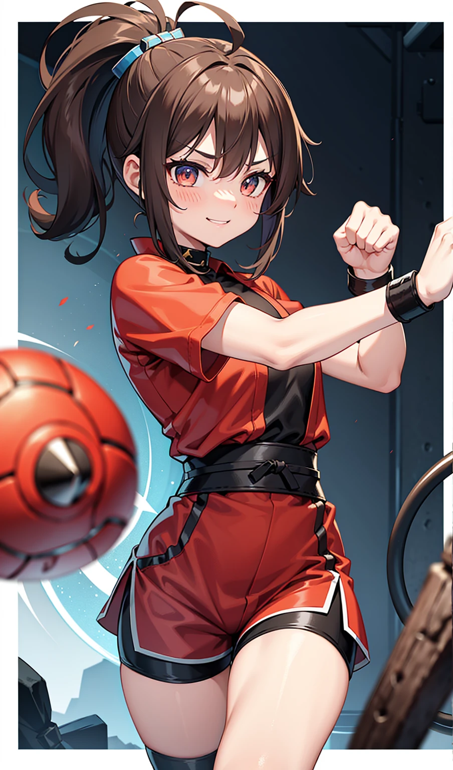 Human Woman。smile、Underground Fighting Arena、Martial Arts Ring、Dark brown ponytail、Fighter、Uplifting、Shorts、Colorful fighting costume、Fighting Pose