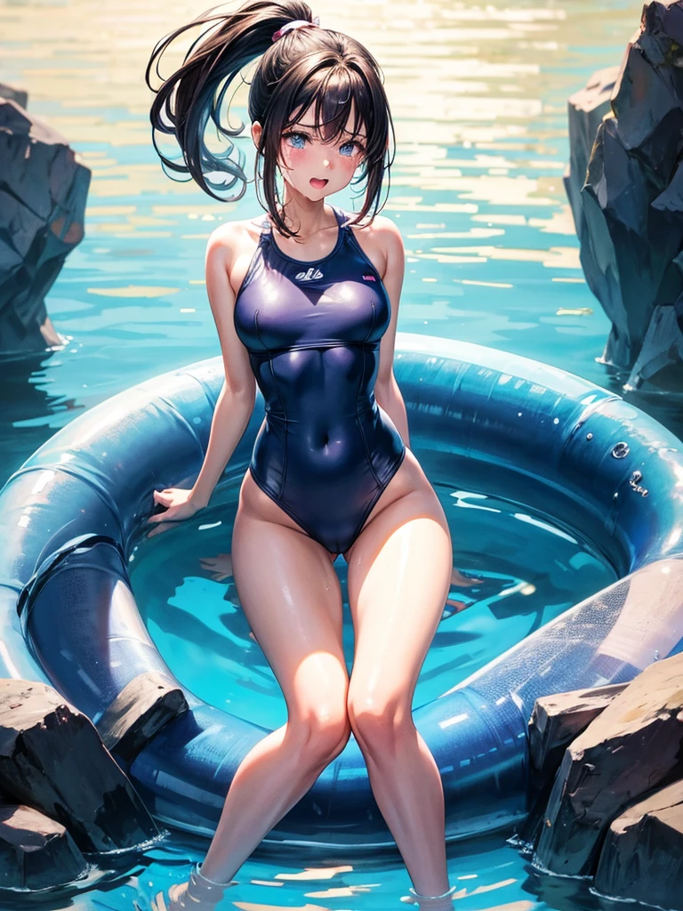 Highest Resolution,Highest quality,1People Girls,beautiful girl,Full body close-up,The body is frontal,looking at the camera,Standing posture,Crying face,Tears,Stringy saliva,Open your mouth,Sticking out tongue,Saliva,Tears overflow,Dripping a lot of saliva,Drooling,Swimsuits by the pool at night,Night view,High leg,ponytail,