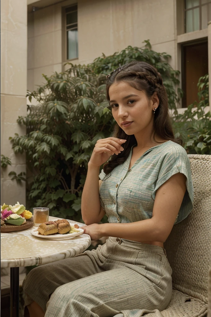 Palestine, 1946. portrait of A young ((((35-year-old)) Sira Quiroga)), beautiful, skinny, sitting in a luxurious hotel patio, having breakfast, ((((clothings from the 1940s)))), ((hairstyle of the 1940s)), ((colorful, Monet))