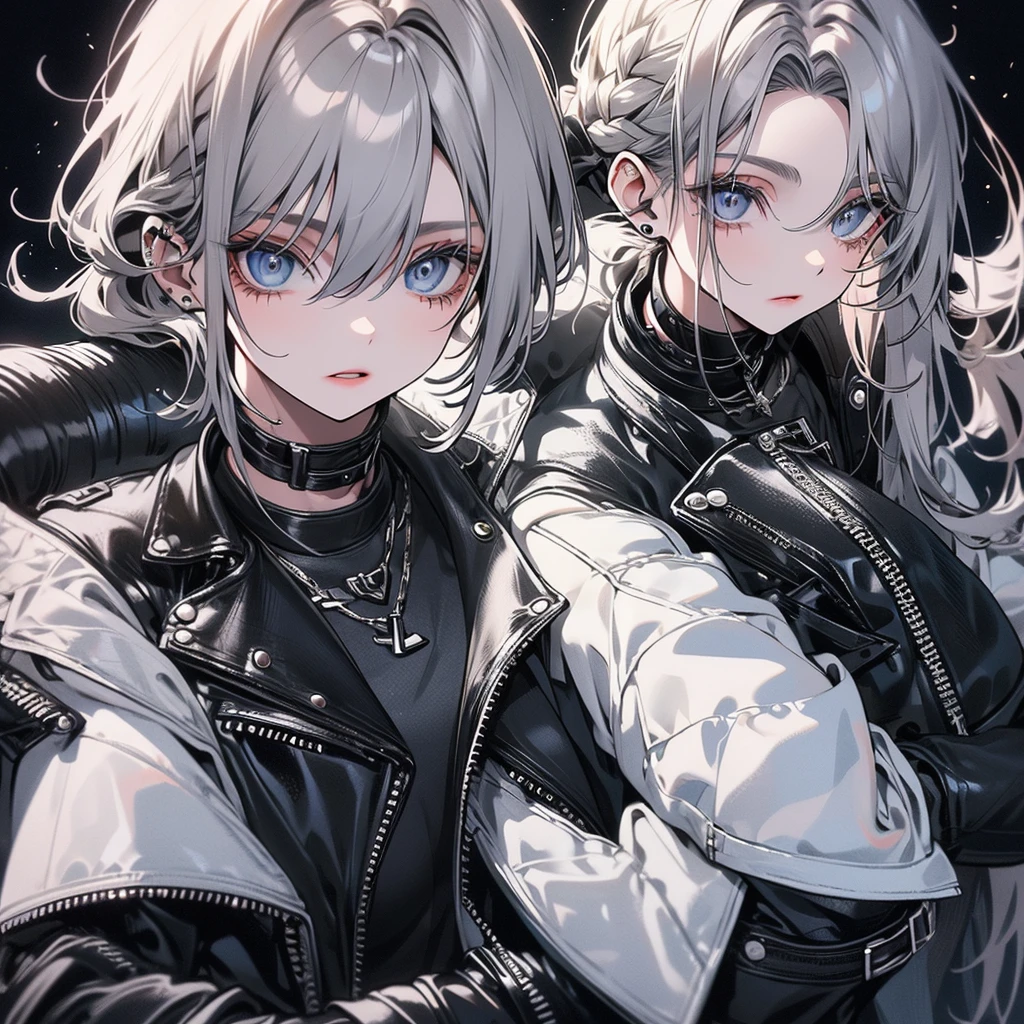 girl , long ash grey hairstyle elegantly curled ,blue light eyes, punk styles, has tattos on the arm , ,Black color Leather jacket , black jean,,adorlable,beautiful face,