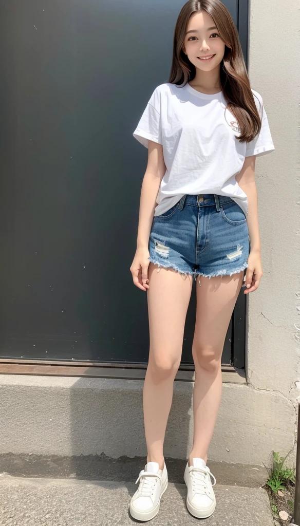 Long brown hair、Denim shorts、White T-shirt、Wearing sneakers。Standing with a smile