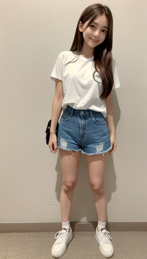 Long brown hair、Denim shorts、White T-shirt、Wearing sneakers。Standing with a smile