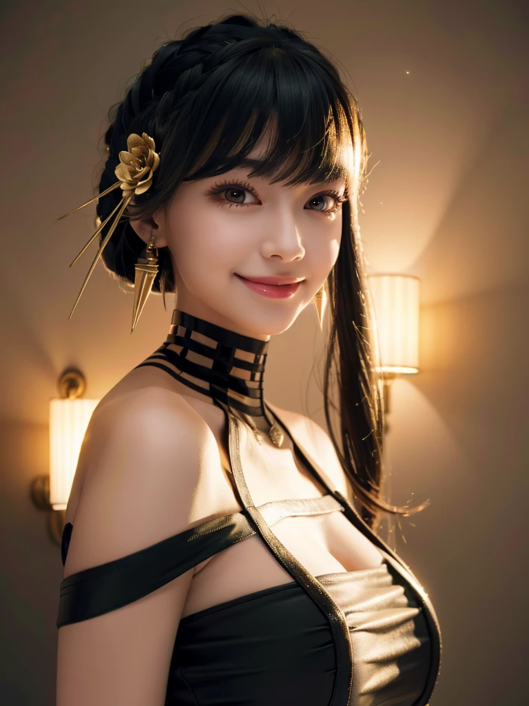 beautiful woman, narrow waist, perfect figure, beautiful eyes, long eyelashes, lustrous lips, perfect body, beautiful skin, (best quality,4K,8K,highres,masterpiece:1.2),ultra-detailed,(realistic,photorealistic,photo-realistic:1.37), cinematic scene, beautiful smile, fashion model, long chestnut hair, attractive clothing, beautiful ornaments、nice black dress、A kind smile、Engage your audience、Full moon night sky