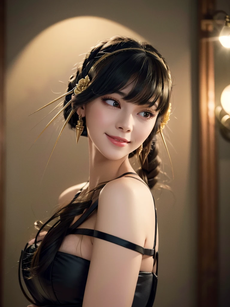 beautiful woman, narrow waist, perfect figure, beautiful eyes, long eyelashes, lustrous lips, perfect body, beautiful skin, (best quality,4K,8K,highres,masterpiece:1.2),ultra-detailed,(realistic,photorealistic,photo-realistic:1.37), cinematic scene, beautiful smile, fashion model, long chestnut hair, attractive clothing, beautiful ornaments、nice black dress、A kind smile、Engage your audience、Full moon night sky