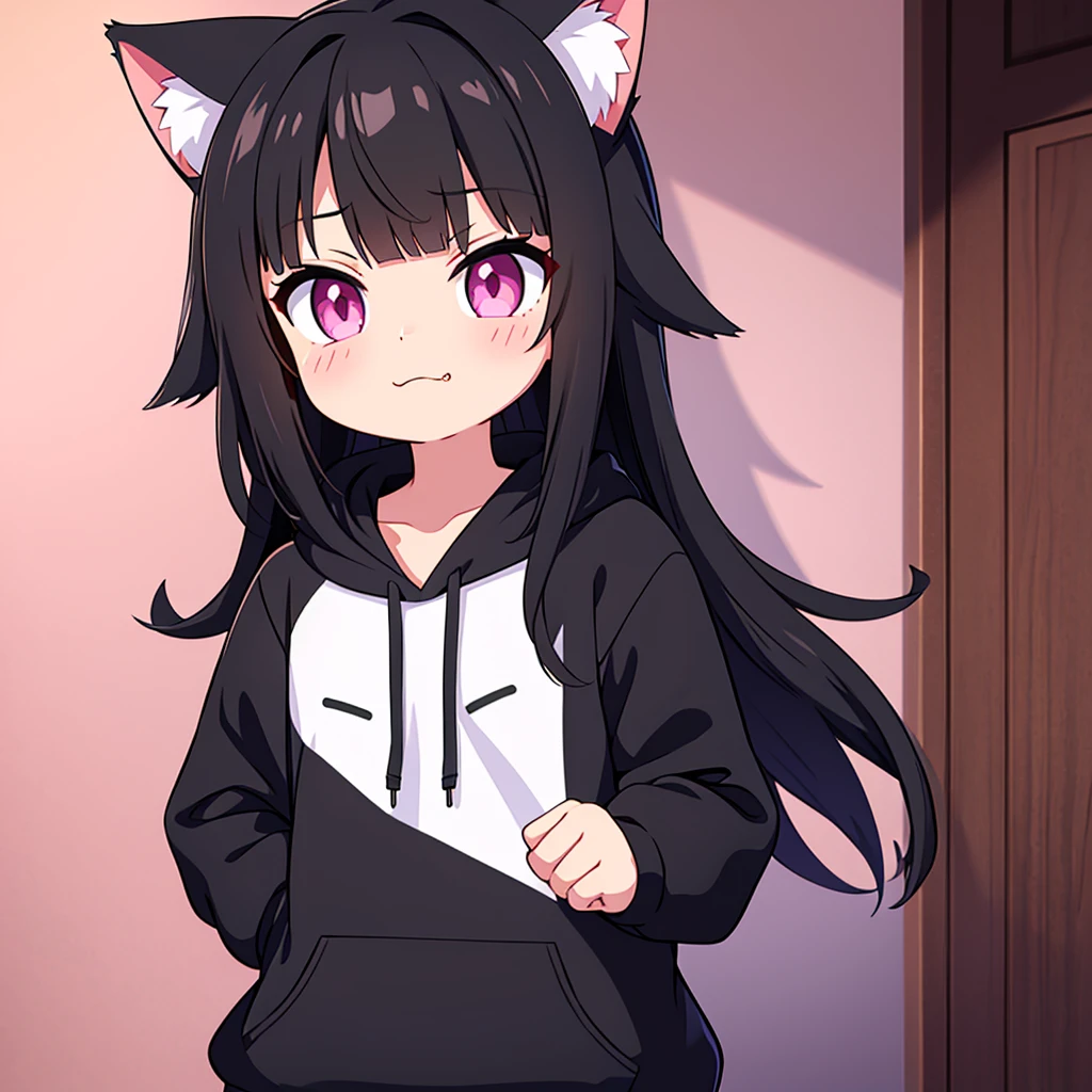 cute cat girl, cat ears, black hair, pink eyes, smug, black hoodie, only head in frame, straight bangs, medium length hair, 1 girl