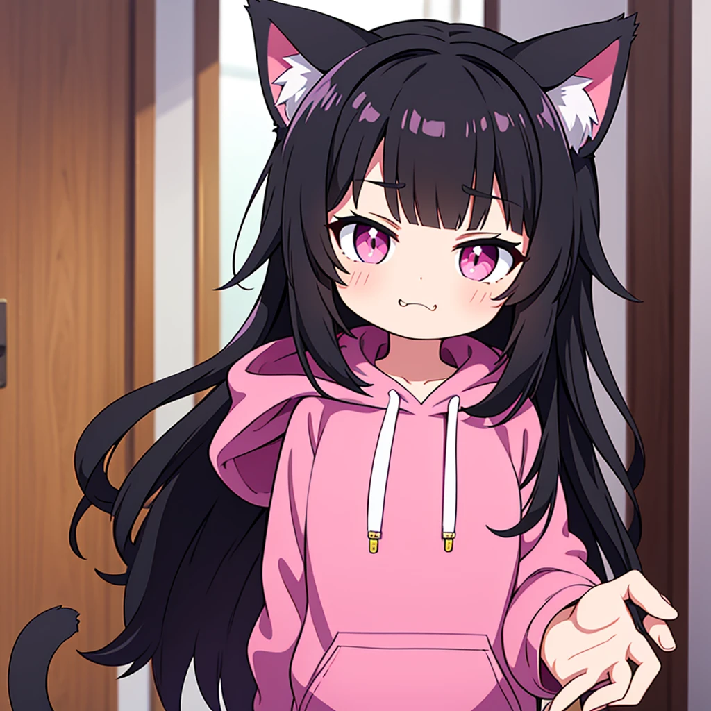 cute cat girl, cat ears, black hair, pink eyes, smug, black hoodie, only head in frame, straight bangs, medium length hair, 1 girl