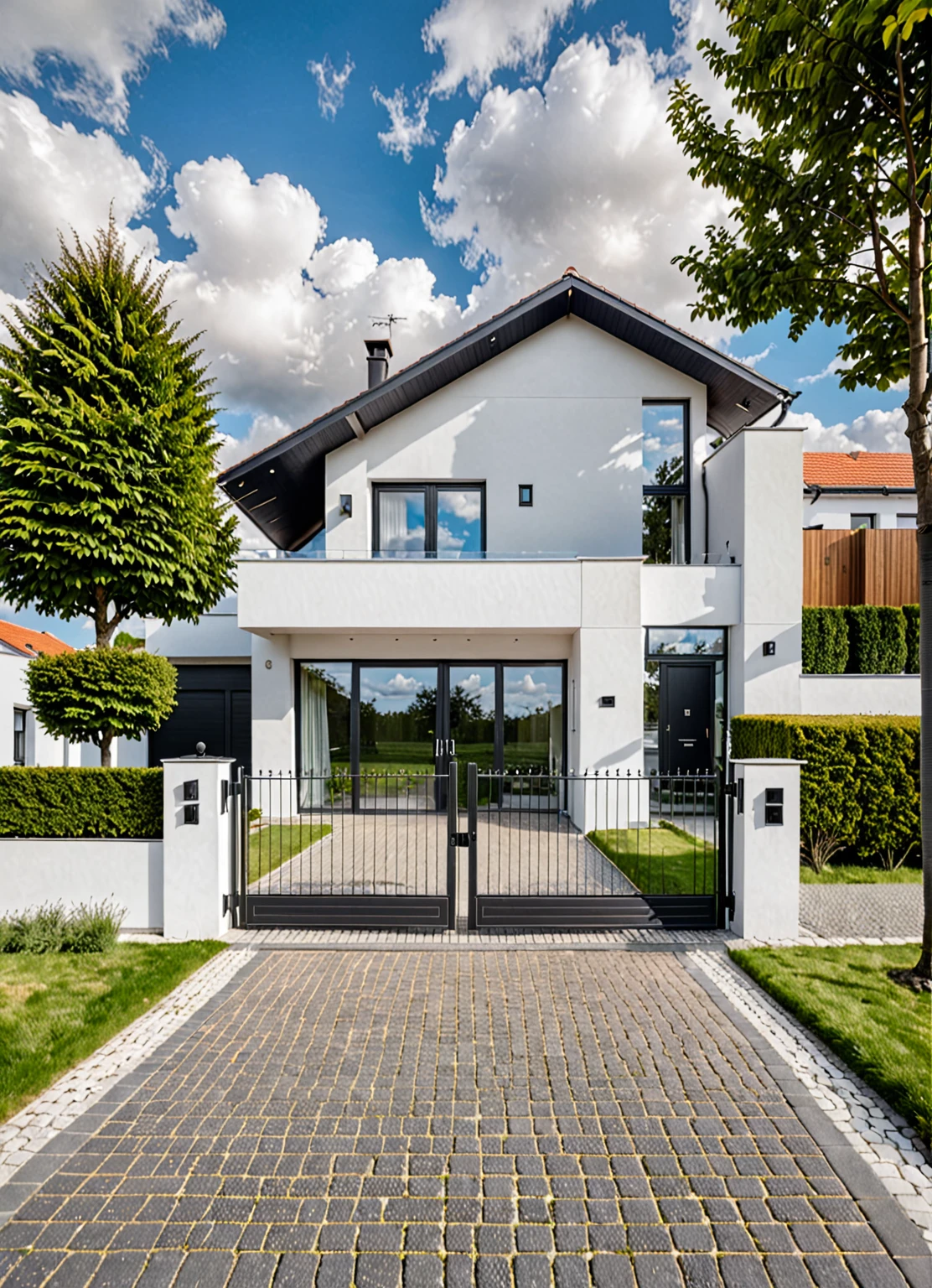 Raw photo,Masterpiece, high quality, best quality, authentic, super detail,
outdoors, house style modern,bietthuhn, white wall, glass windows, gate
road,pavement, grass, trees, sky, cloud, (day:1.1),