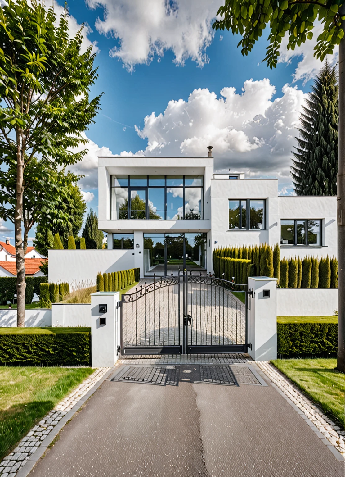 Raw photo,Masterpiece, high quality, best quality, authentic, super detail,
outdoors, house style modern,bietthuhn, white wall, glass windows, gate
road,pavement, grass, trees, sky, cloud, (day:1.1),