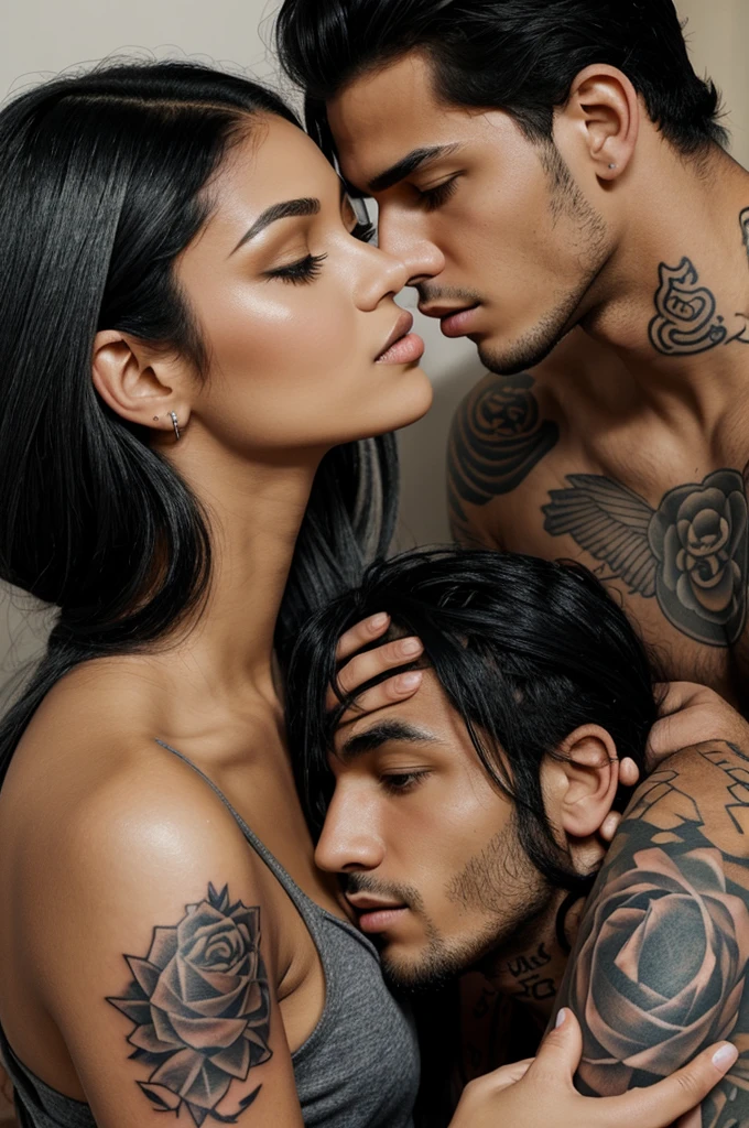 Image of young beautiful light-skinned woman with black hair, long eyelashes, and young man, high, with tattoo and long gray hair tied, kissing 