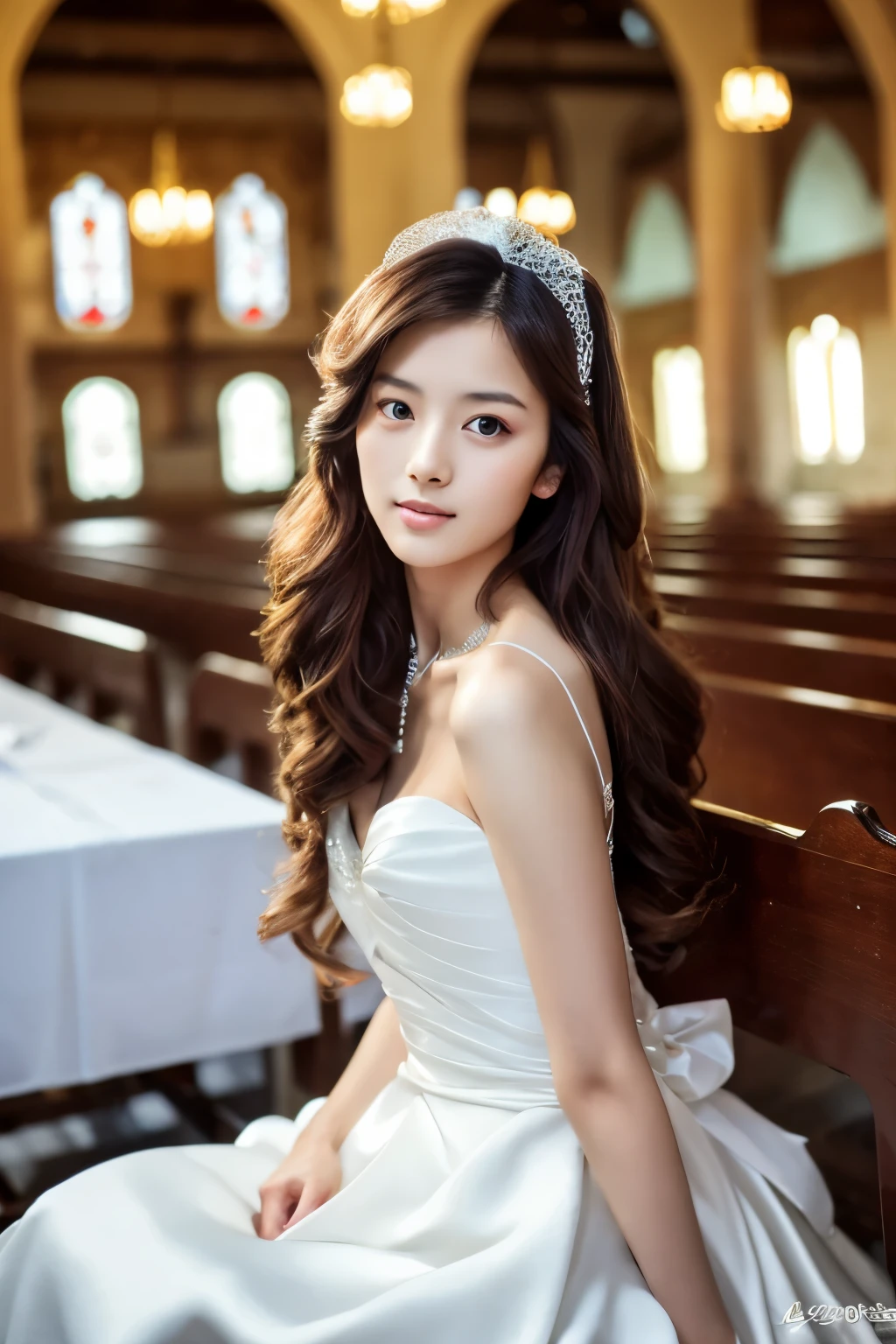 Skinny Japanese woman, Long Wavy Hair, wear (Wedding dress:1.3), sitting in church. Realistic, Realistic, high quality, Raw photo, Detailed Background, Very detailed, Sharp focus, High resolution, 8K, 超High resolution, Digital SLR, Realistic eyes, Perfect Eyes,Wedding dress、Seductive pose、Full body photo、Full body photo、