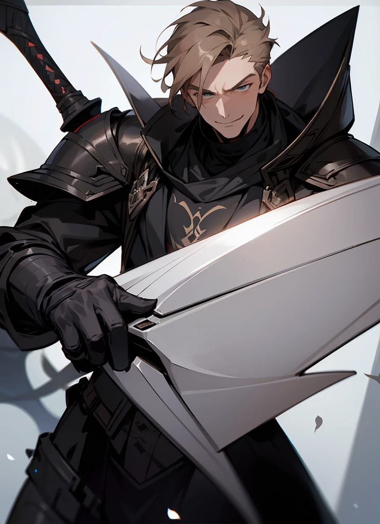 1 , handsome fashion hair,bronze hair highlightwhite, fanstasy, smile face, male ,fantasy, reaper, hunter with blackshortsword, villian face, black armor , darkness wolrd, bad