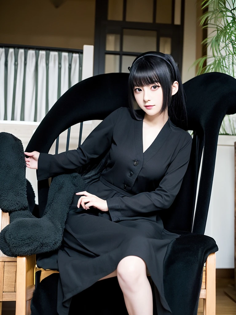 Hinata Hyuga in black fully clothed cat suit, seated on the arm chair, assertive and dominant pose