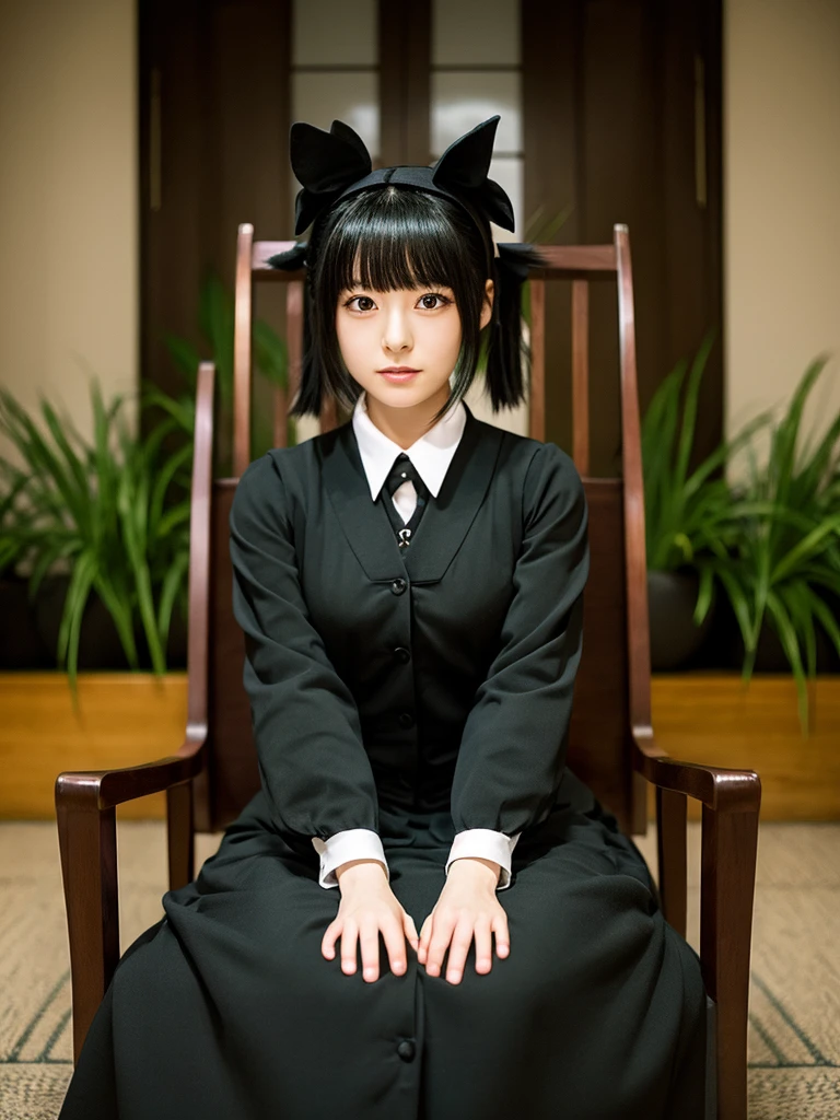 Hinata Hyuga in black fully clothed cat suit, seated on the arm chair, assertive and dominant pose