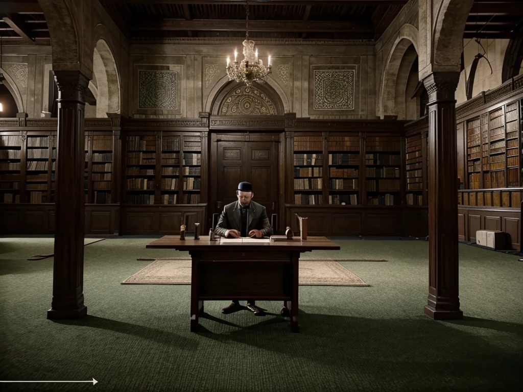a table that has a bunch of books on it, a detailed matte  teaser trailer footage, he is in a mosque, old library backdrop, 2020 video game screenshot