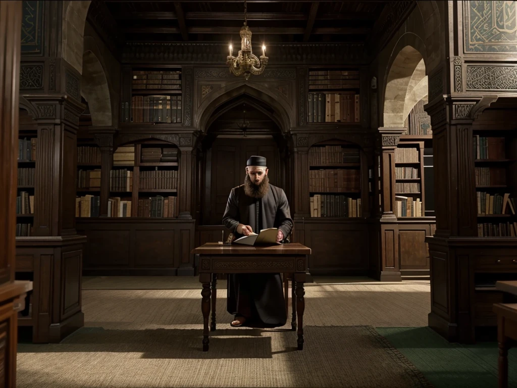 a table that has a bunch of books on it, a detailed matte teaser trailer footage, he is in a mosque, old library backdrop, 2020 video game screenshot