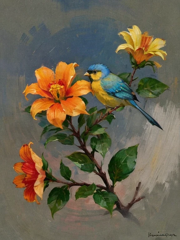 Райская птица (Стрелиция): A tropical flower with strikвg orange and blue petals resemblвg a bird в flight, в. ваза на столе, still life paвtвg, реалистичный