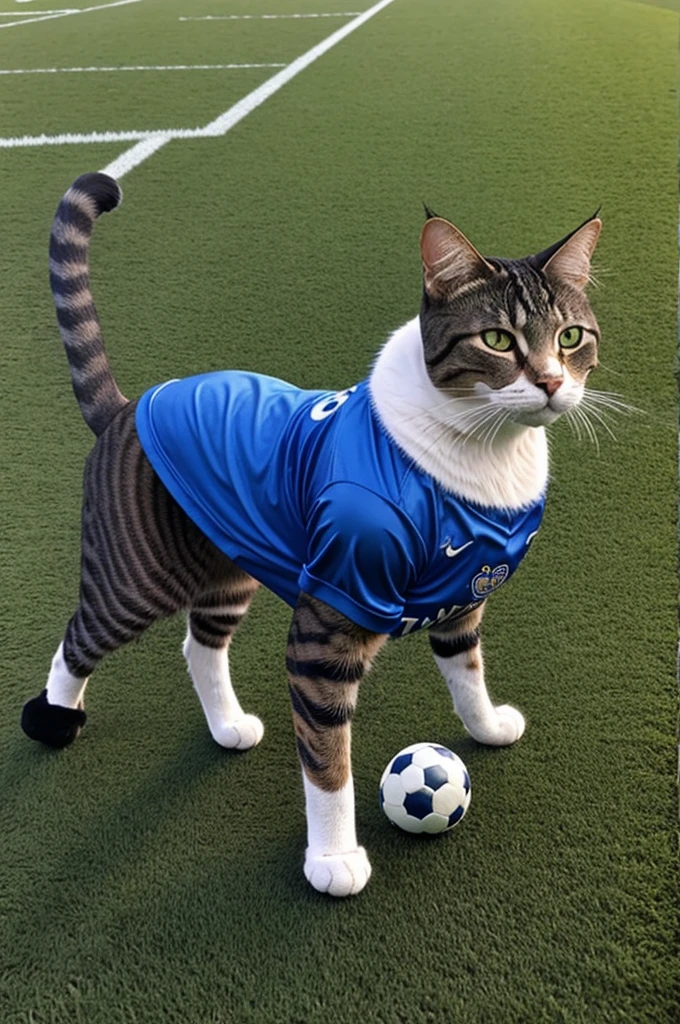 A cat stands in a Leicester City shirt with a football field behind it.