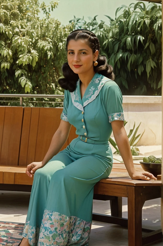 Palestine, 1946. portrait of A young ((((35-year-old)) Sira Quiroga)), beautiful, skinny, sitting in a luxurious hotel patio, having breakfast, ((((clothings from the 1940s)))), ((hairstyle of the 1940s)), ((colorful, Monet))