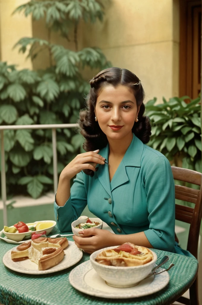Palestine, 1946. portrait of A young ((((35-year-old)) Sira Quiroga)), beautiful, skinny, sitting in a luxurious hotel patio, having breakfast, ((((clothings from the 1940s)))), ((hairstyle of the 1940s)), ((colorful, Monet))