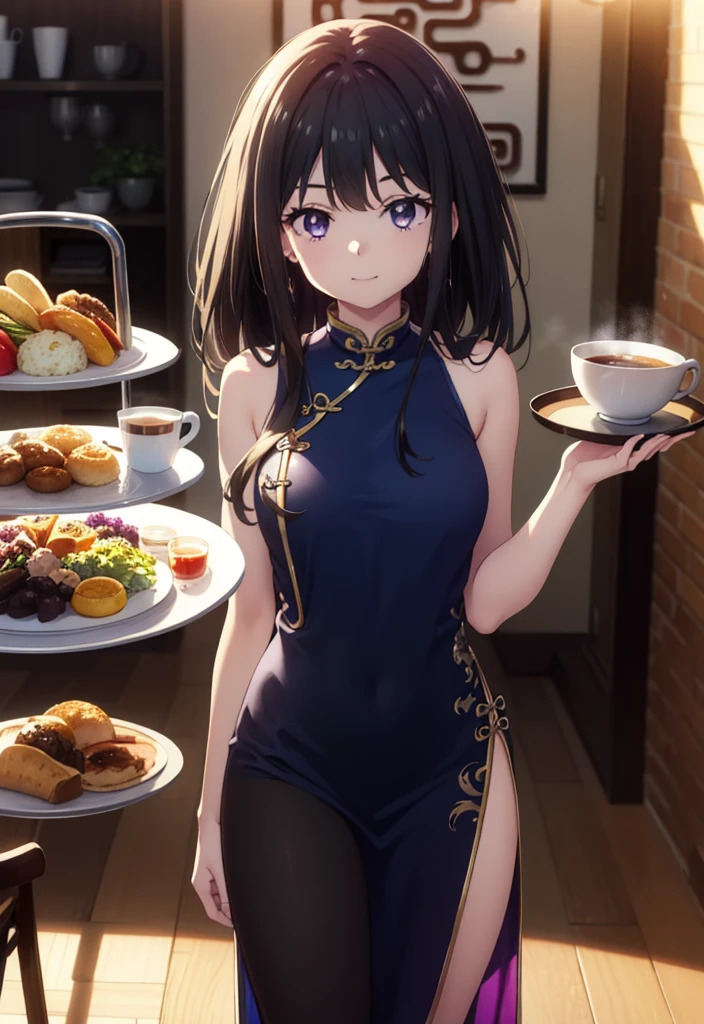Takiuchi, Check it out, Long Hair, bangs, Black Hair, (Purple eyes:1.2),happy smile, smile, Close your mouth,
Sleeveless blue Chinese dress,Blue long slit,Black hose,Stiletto heels,Tables and chairs, food, drink, tray, tray in one hand,whole bodyがイラストに入るように,Walking,
break indoors,Chinese style coffee shop,
break looking at viewer, whole body,
break (masterpiece:1.2), Highest quality, High resolution, unity 8k wallpaper, (shape:0.8), (Fine and beautiful eyes:1.6), Highly detailed face, Perfect lighting, Highly detailed CG, (Perfect hands, Perfect Anatomy),
break outdoors, city,
break looking at viewer, (Cowboy Shot:1.5),
break (masterpiece:1.2), Highest quality, High resolution, unity 8k wallpaper, (figure:0.8), (Beautiful attention to detail:1.6), Highly detailed face, Perfect lighting, Highly detailed CG, (Perfect hands, Perfect Anatomy),