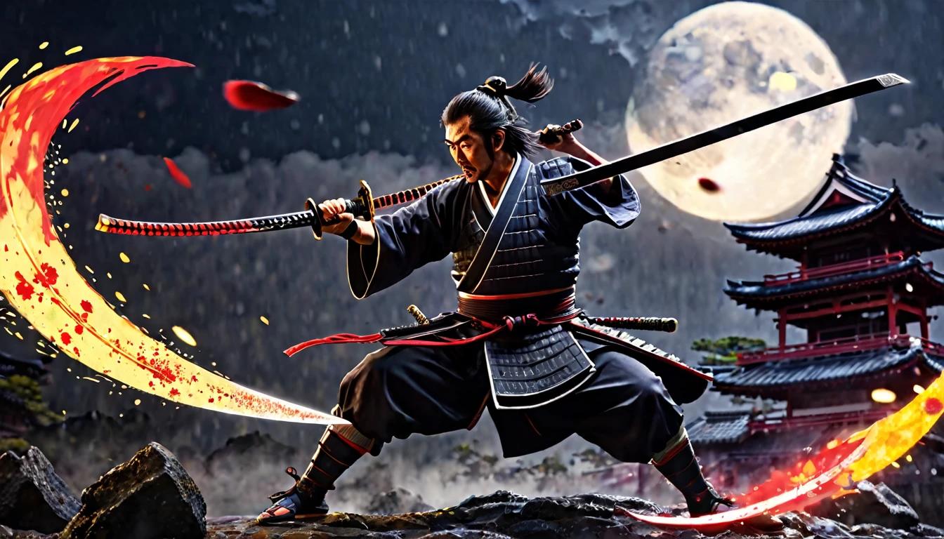 ((masterpiece, highest quality, Best image quality, High resolution, Realistic, RAW Photos, 8k)), Demon Slayer style artwork, Samurai brandishing a Japanese sword, Swordsmanship Master, Swordsman with a Demonic Blade, Martial Arts Master, Defeating the Strange Demon, Long blade slash, A slashing light trail with a flame effect, Swarms of strange demons, Dilapidated old castles in Japan, (Midnight Battle), Thin moon, A Samurai Clad in Fighting Spirit, Defeating Swordsman, Melee Swordplay, Splattering blood splashes, Large-scale battle scenes