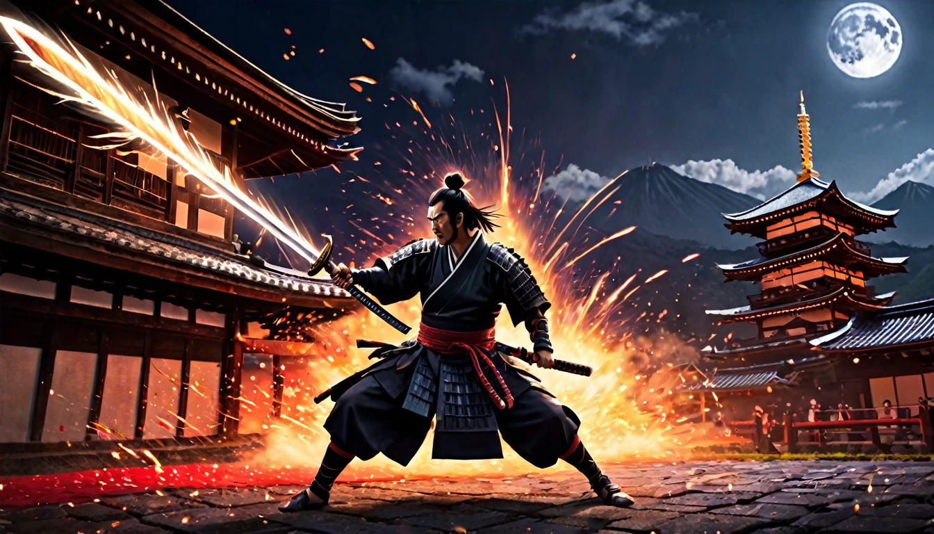 ((masterpiece, highest quality, Best image quality, High resolution, Realistic, RAW Photos, 8k)), Demon Slayer style artwork, Samurai brandishing a Japanese sword, Swordsmanship Master, Swordsman with a Demonic Blade, Martial Arts Master, Defeating the Strange Demon, Long blade slash, A slashing light trail with a flame effect, Swarms of strange demons, Dilapidated old castles in Japan, (Midnight Battle), Thin moon, A Samurai Clad in Fighting Spirit, Defeating Swordsman, Melee Swordplay, Splattering blood splashes, Large-scale battle scenes