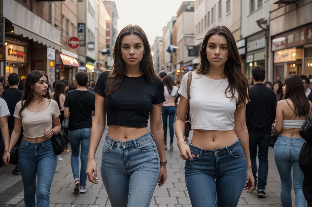 full figure photograph of a fitted slim female model, 30 years old, long brown hair, brown eyes, wearing a simple black t-shirt and blue jeans, she is walking in a crowded street, she has an intense look,
