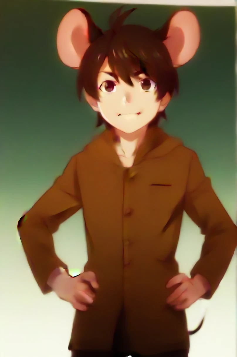 1boy, solo, kemonomimi, Mouse boy, mouse ears, mouse tail, chin length brown hair, brown eyes, young, short, hands on hips, tattered clothing, Frock coat, red cravat, smirking, fair-skinned, looking up at viewer, outdoors background