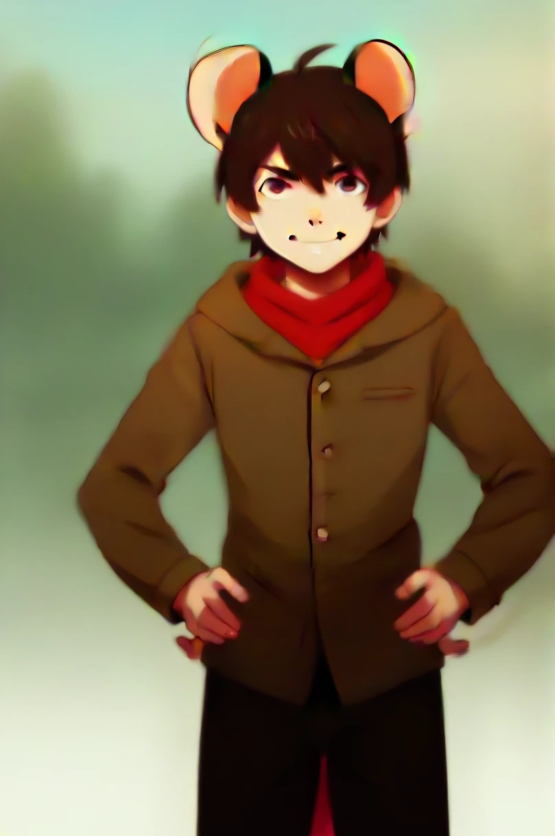 1boy, solo, kemonomimi, Mouse boy, mouse ears, mouse tail, chin length brown hair, brown eyes, young, short, hands on hips, tattered clothing, Frock coat, red cravat, smirking, fair-skinned, looking up at viewer, outdoors background