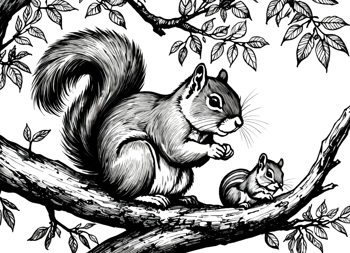 There are two little animals sitting on the tree, squirrel, wild animals, Pen-and-ink illustration, Pen - and - ink illustration, wild animals插图, Pen and Ink Painting, Pen & Ink Painting, Pen and Ink Paintings, Pen and ink work. Clear focus, Pen and ink illustration, Pen and ink, Detailed hatching, Pencil and Ink Painting