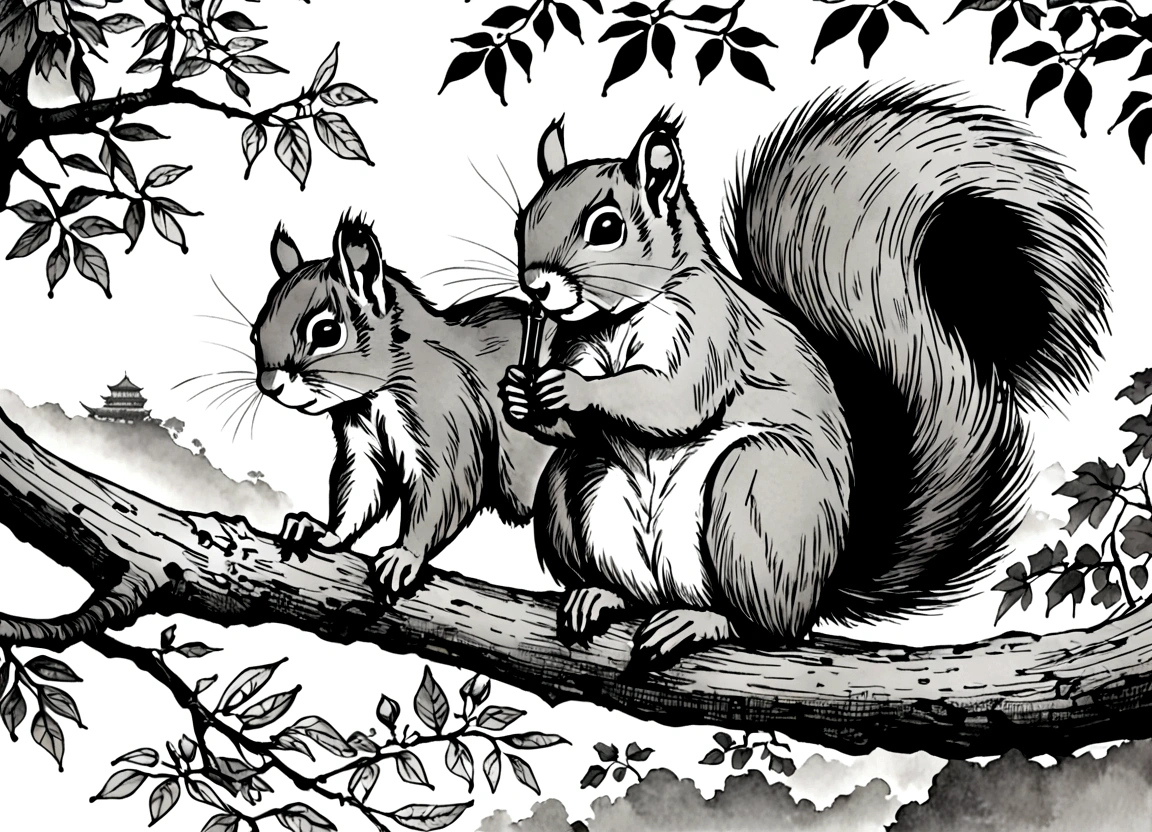 There are two little animals sitting on the tree, squirrel, wild animals, Pen-and-ink illustration, Pen - and - ink illustration, wild animals插图, Pen and Ink Painting, Pen & Ink Painting, Pen and Ink Paintings, Pen and ink work. Clear focus, Pen and ink illustration, Pen and ink, Detailed hatching, Pencil and Ink Painting