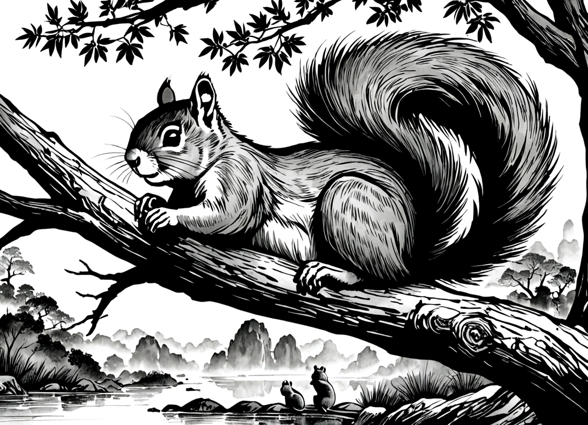 There are two little animals sitting on the tree, squirrel, wild animals, Pen-and-ink illustration, Pen - and - ink illustration, wild animals插图, Pen and Ink Painting, Pen & Ink Painting, Pen and Ink Paintings, Pen and ink work. Clear focus, Pen and ink illustration, Pen and ink, Detailed hatching, Pencil and Ink Painting
