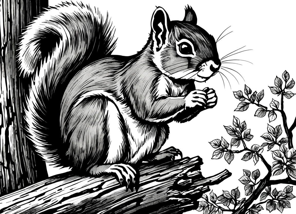 There are two little animals sitting on the tree, squirrel, wild animals, Pen-and-ink illustration, Pen - and - ink illustration, wild animals插图, Pen and Ink Painting, Pen & Ink Painting, Pen and Ink Paintings, Pen and ink work. Clear focus, Pen and ink illustration, Pen and ink, Detailed hatching, Pencil and Ink Painting