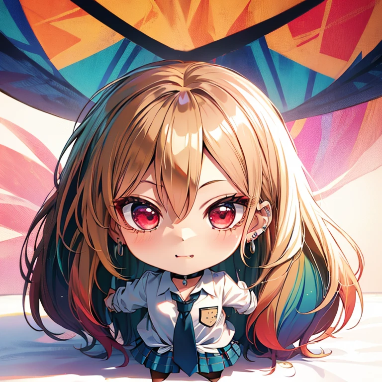 傘を差す人, (chibi:1.5), full body, (masterpiece), highest quality, kitagawa marin, 1girl, blonde hair, long hair, multicolored hair, red eyes, jewelry, earrings, piercing, white shirt, tied shirt, black choker, blue necktie, plaid skirt
