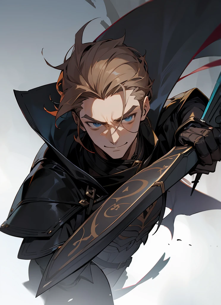 1 , handsome fashion hair,bronze hair highlightwhite, fanstasy, smile face, male ,fantasy, reaper, hunter with blackshortsword, villian face, black armor , darkness wolrd, bad