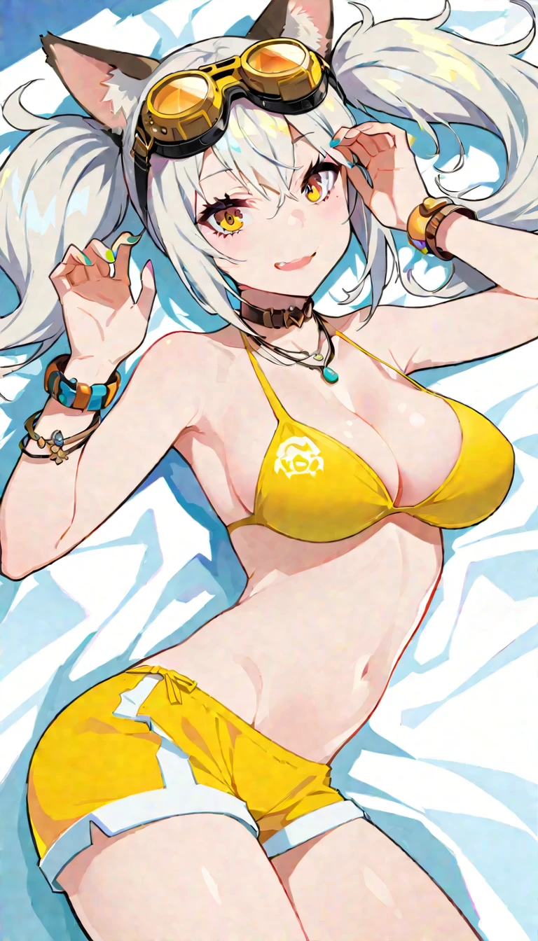 an image a digital female cartoon character wearing goggles in a bikini lying on a bed, 1girl, breasts, swimsuit, animal ears, solo, bikini, jewelry, bracelet, yellow bikini, goggles, white hair, long hair, looking at viewer, cleavage, twintails, shorts, tinted eyewear, yellow-framed eyewear, necklace